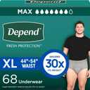 Depend Fresh Protection Adult Diapers, Incontinence Underwear for Men, Disposable, Maximum, Extra-Large, Grey, 68 Count (2 Packs of 34), Packaging May Vary