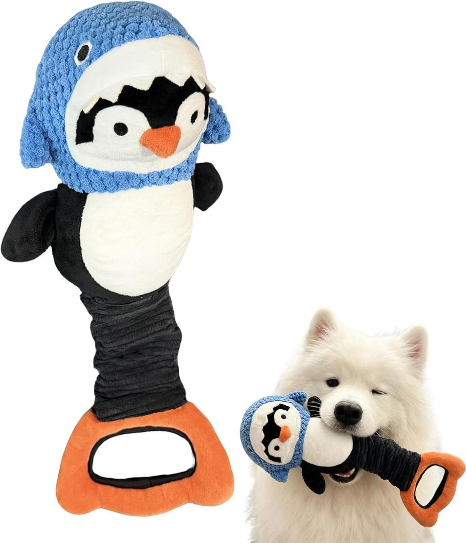 Squeaky Penguin Dog Toys with Tug Handle, Plush Shark Dog Chew Toys for Teething, Interactive Squeaky Toys to Keep Them Busy, Tug of War Puppy Toys for Small, Medium, Large Breeds