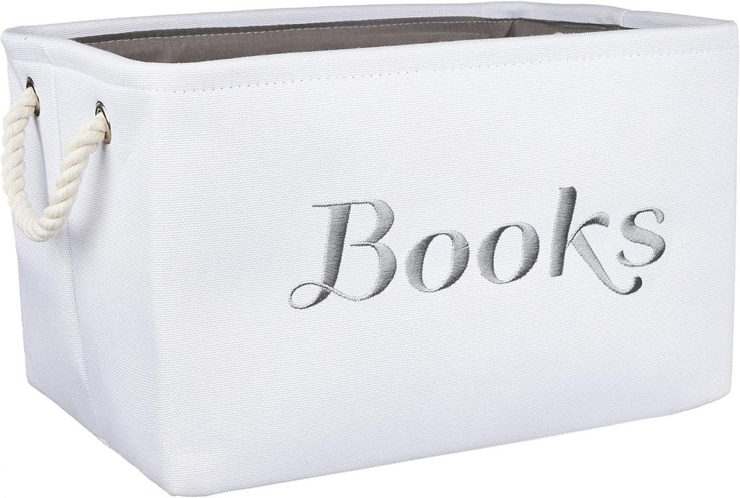 APPLE PIE ORDER Nursery basket, Storage & organizer Bin for Baby, Diapers, Wipes, Books, Toys. White Canvas fabric Decorative Box with Embroidering. (Books - Gray, Medium)