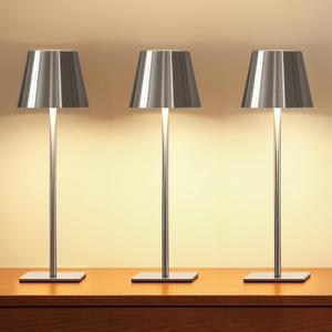 UME 3 Pack Cordless Table Lamp, Battery Operated Lamp - Portable Waterproof Rechargeable Table Lamp w/ 3 Color Temps & Stepless Dimming for Dinner, Desk, Cafe, Outdoor (Brushed Silver)
