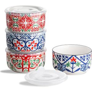 Ceramic Bowl with Lid: Microwave Safe Soup Containers Set of 4 for Meal Prep, Cereal, Salad, Picnic, Camping, Office Lunch, Kitchen Food Storage - 5 Inch, 20 oz, Design A