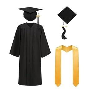 Colorful House 2026 Graduation Cap and Gown 5-Piece Set, Matte Classic Adult unisex Graduation Gown for College High School Degree (Black, 45)