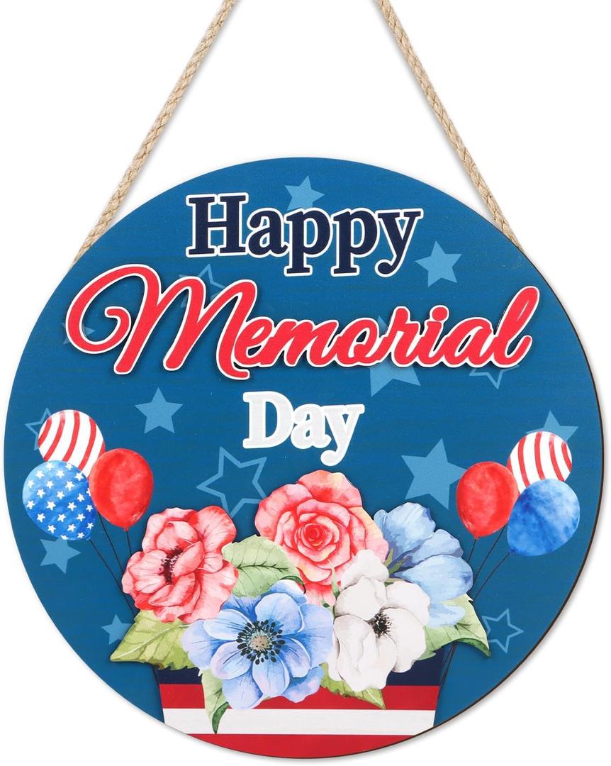 2 x LHIUEM Happy Memorial Day Door Sign 11.4x11.4“ Red Blue White America Patriotic Hanging Plaque Rustic America Independence Day Wooden Sign for Porch Home Outdoor Indoor Decoration