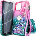 NGB Designed for iPhone 15 Pro Case, Pink/Aqua | Glitter Liquid Sparkle Cute Cover for Women Girls Kids | with Tempered Glass Screen Protector & Ring Holder & Wrist Strap