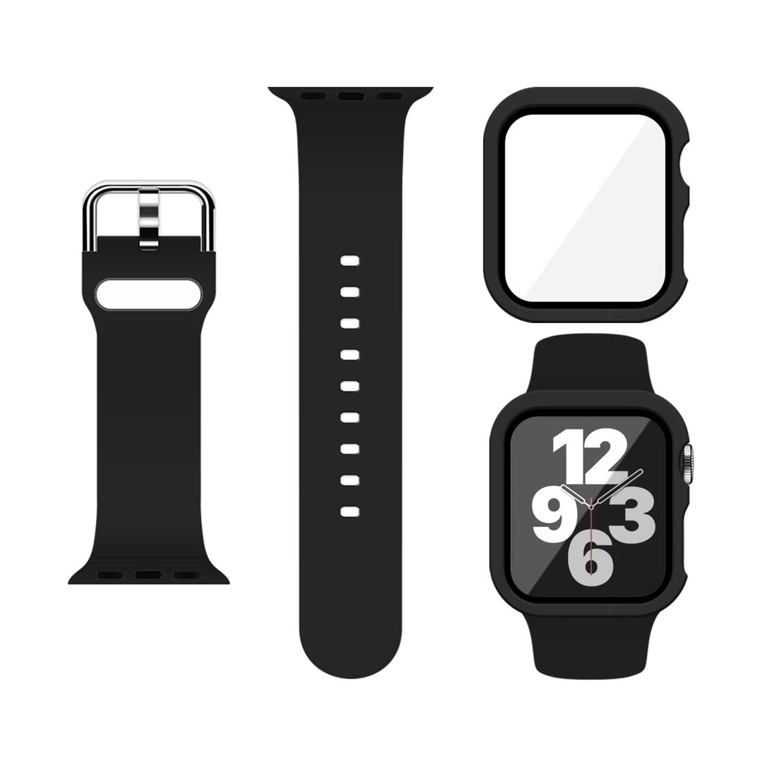  Sport Silicone M/L Size Band and Case with Screen Protector for Apple Watch SE(Gen 1/2/3) Series 4/5/6 40mm - Black
