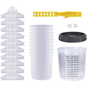 Disposable Paint Sprayer Mixing Cup for Automotive Paint Gun, HVLP Paint Spray Paint Gun 20 Ounce (600ml) Kit with 10 Cups and Lids System, 1 Hard Cup with Retainer Ring and 2 Plugs
