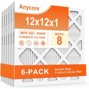 12x12x1 Air Filter 6-Pack MERV 8 MPR 600 FPR 5 AC Furnace Pleated Filters for Home Office (Actual Size: 11.81x11.81x0.79 inch)
