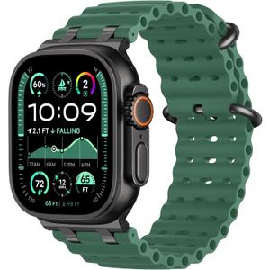 Ocean Sport Bands Compatible with Apple Watch Ultra 2/Ultra Band 49mm 46mm 45mm 44mm 42mm for Men Women, Metal Connector with Breathable Silicone Waterproof Strap for iWatch Series 10 9 8 7 SE 6 5 4 3 (Green/Black)