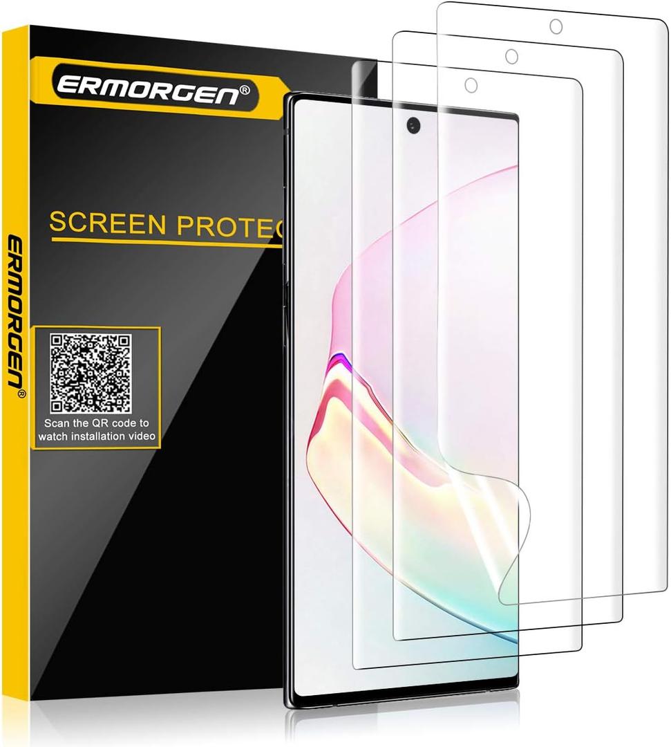(3 Pack) TPU Screen Protector Compatible for Samsung Galaxy Note 10 Plus 10+ 5G (2019) High Definition Edge to Edge (Full Coverage) Anti-Scratch Bubble-Free Support Fingerprint Sensor