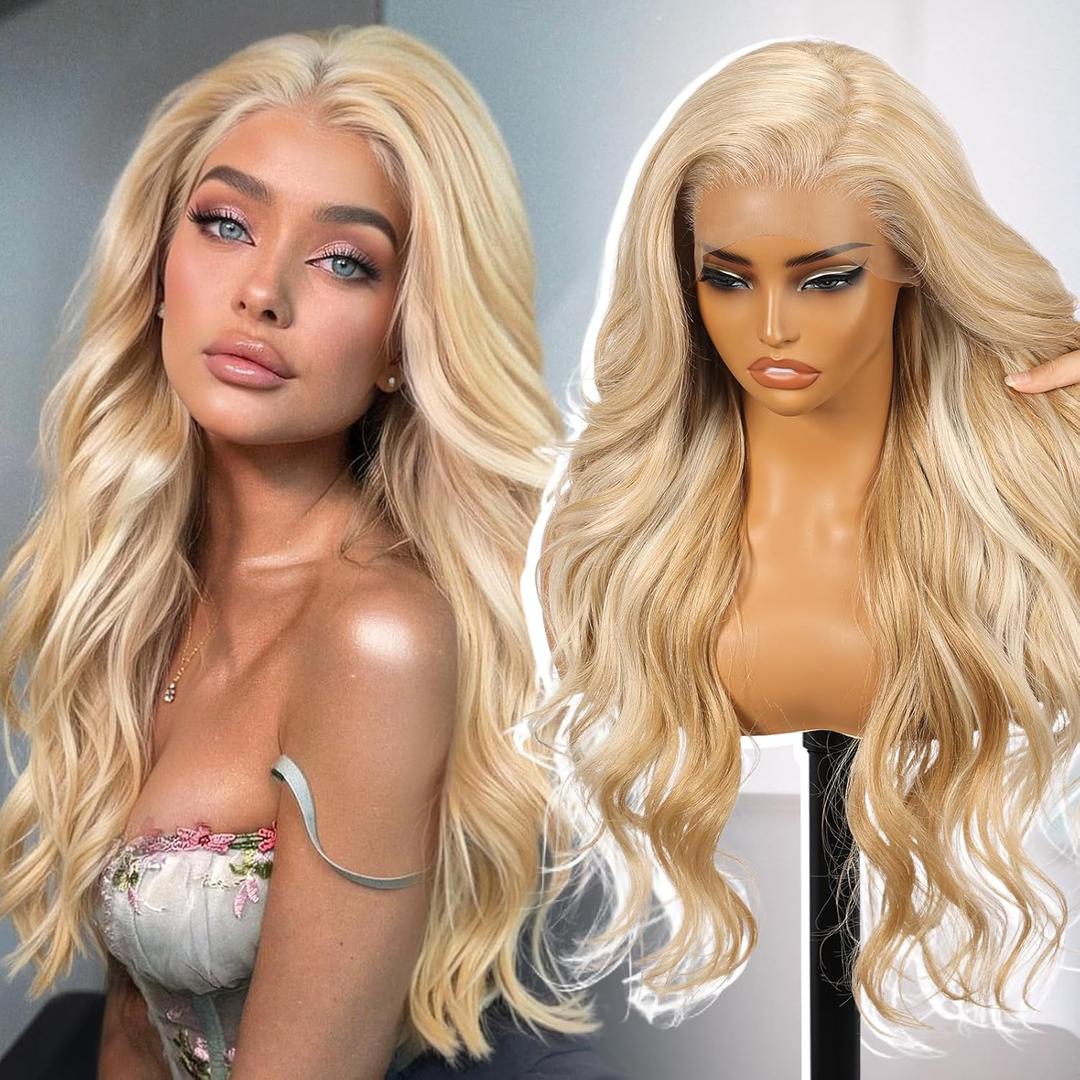 KOME Blonde Synthetic Lace Front Wig, 13×6 Curly Meshless Glueless Wigs for Women Daily Use 26IN (#K16B88）