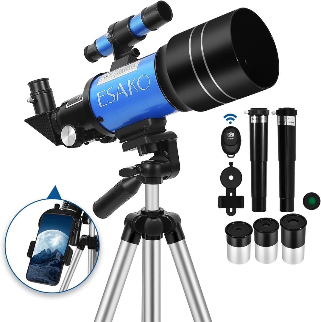 ESAKO Telescope for Kids & Beginners, 70mm Aperture Portable Telescopes with 3 Eyepieces, Height Adjustable Tripod & Phone Adapter & Remote Control Gift for Christmas, Blue
