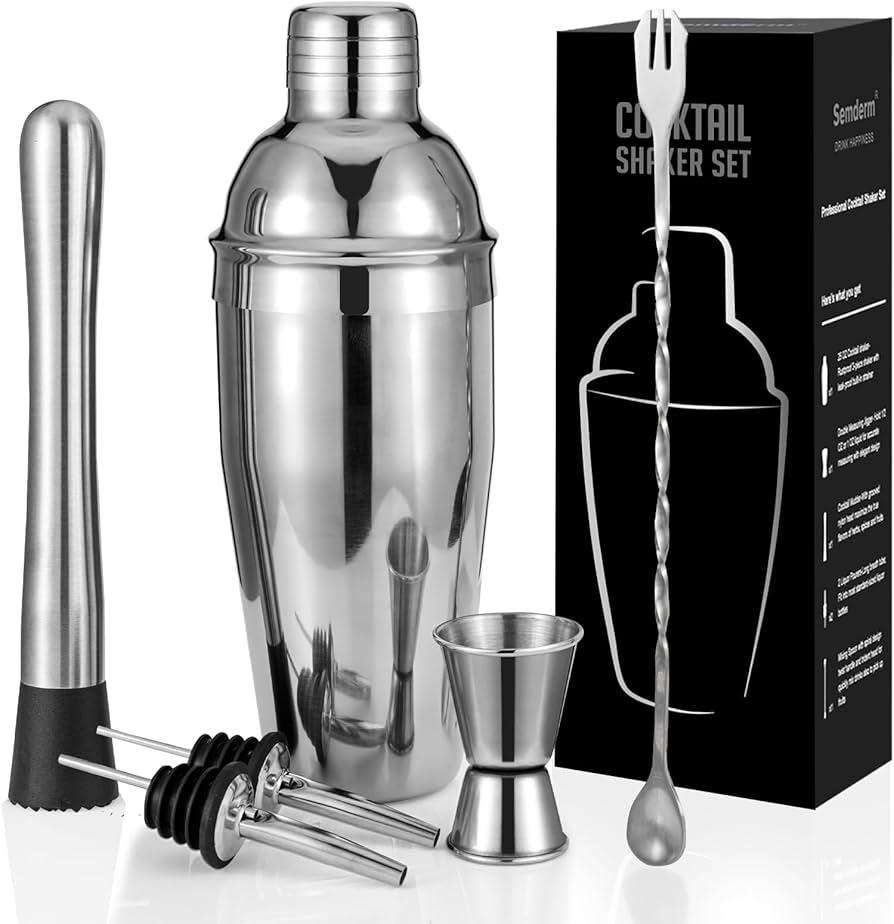 Cocktail Shaker Set, 7-Piece 18/8 Food-Grade Stainless Steel Mixology Bartender Kit - Premium Bar Tools with Muddler, Jigger, Spoon & Pourers - Rust-Proof, Leak-Proof & Dishwasher Safe Gift for Men