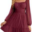 Wenrine Women's Mesh Long Sleeve Square Neck Dress High Waist A Line Ruffle Hem Flowy Casual Party Mini Dress, Size M