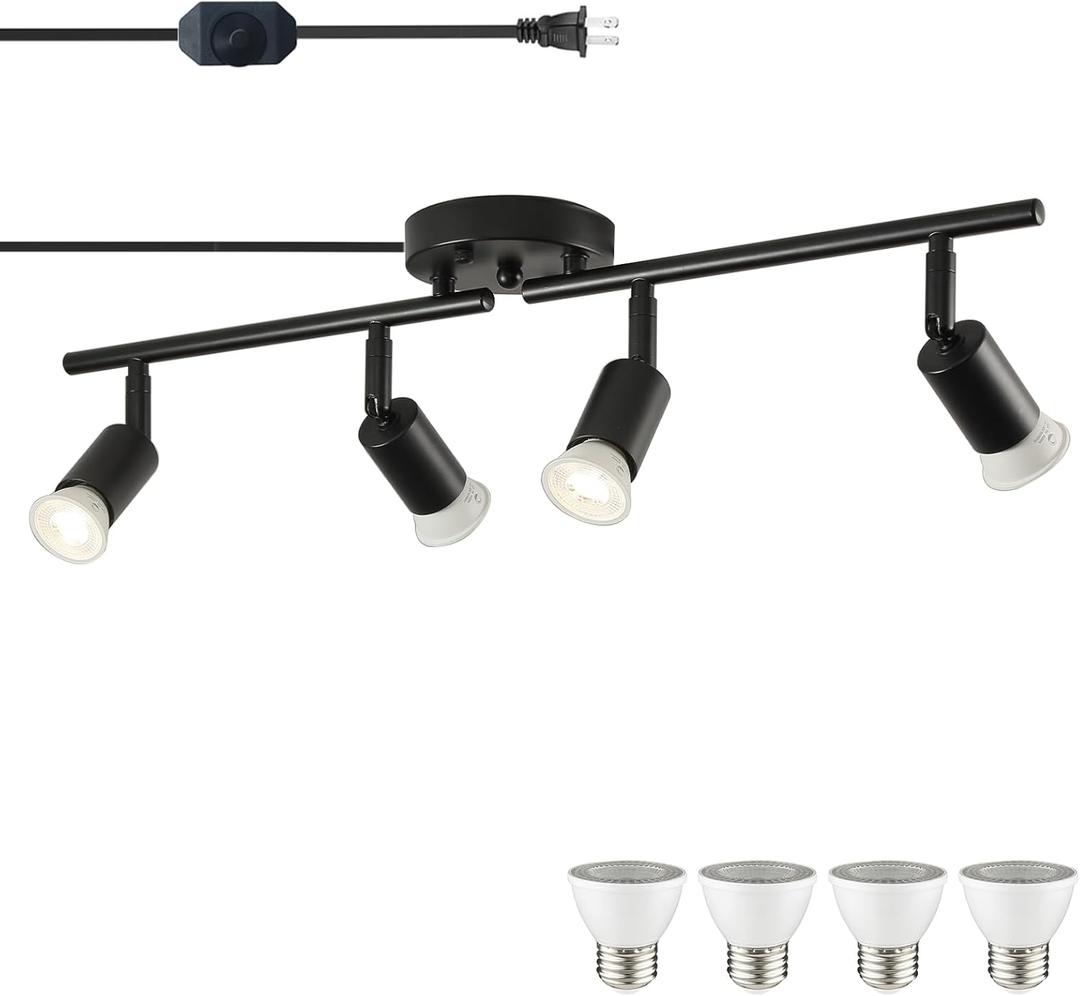 Dimmable Plug in Track Light Black 4 Light Plug in Ceiling Lighting Fixture with 16.4' Long Cord,4 Way Ceiling Spotlight,Rotatable Wall Mount Light Head,LED dimmable Spot Bulbs Included