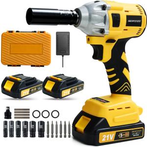 Cordless Impact Wrench 258Ft-lb350N.m, 1/2 Impact Gun, 2 Batteries, Pistola de Impacto, with 6 Sockets, Electric Impact Driver for Car Tires and Home YELLOW