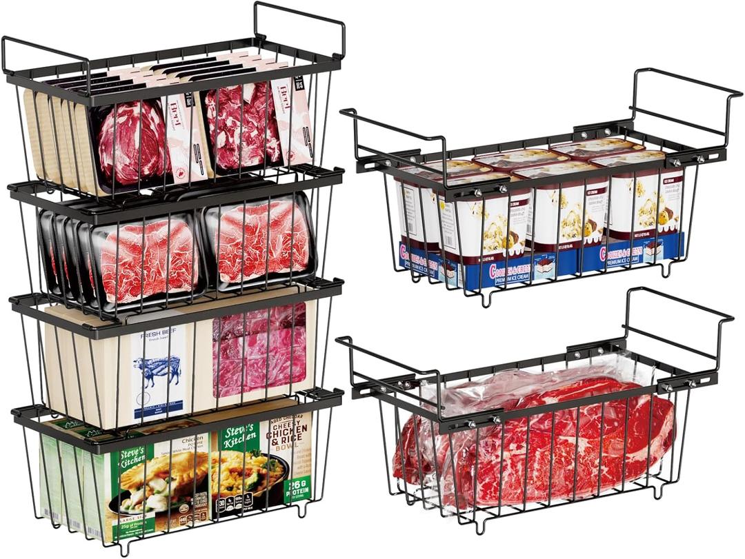 iSPECLE Freezer Organizer Bins - 15.8" to 18.1" Extendable Length Freezer Baskets for Chest Freezer for 7 Cu.Ft Deep Freezer, 2 Hanging Baskets and 4 Stackable Bins, 6 Pack Black