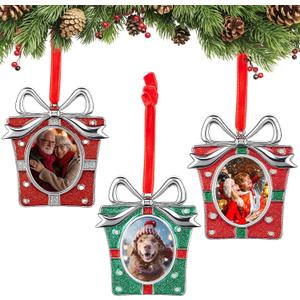 Kathfly 3 Pcs Christmas Picture Frame Ornaments, Christmas Metal Photo Frame Xmas Tree Hanging Decoration Silver Red Green Glitter for Pet Home Family Party Gift