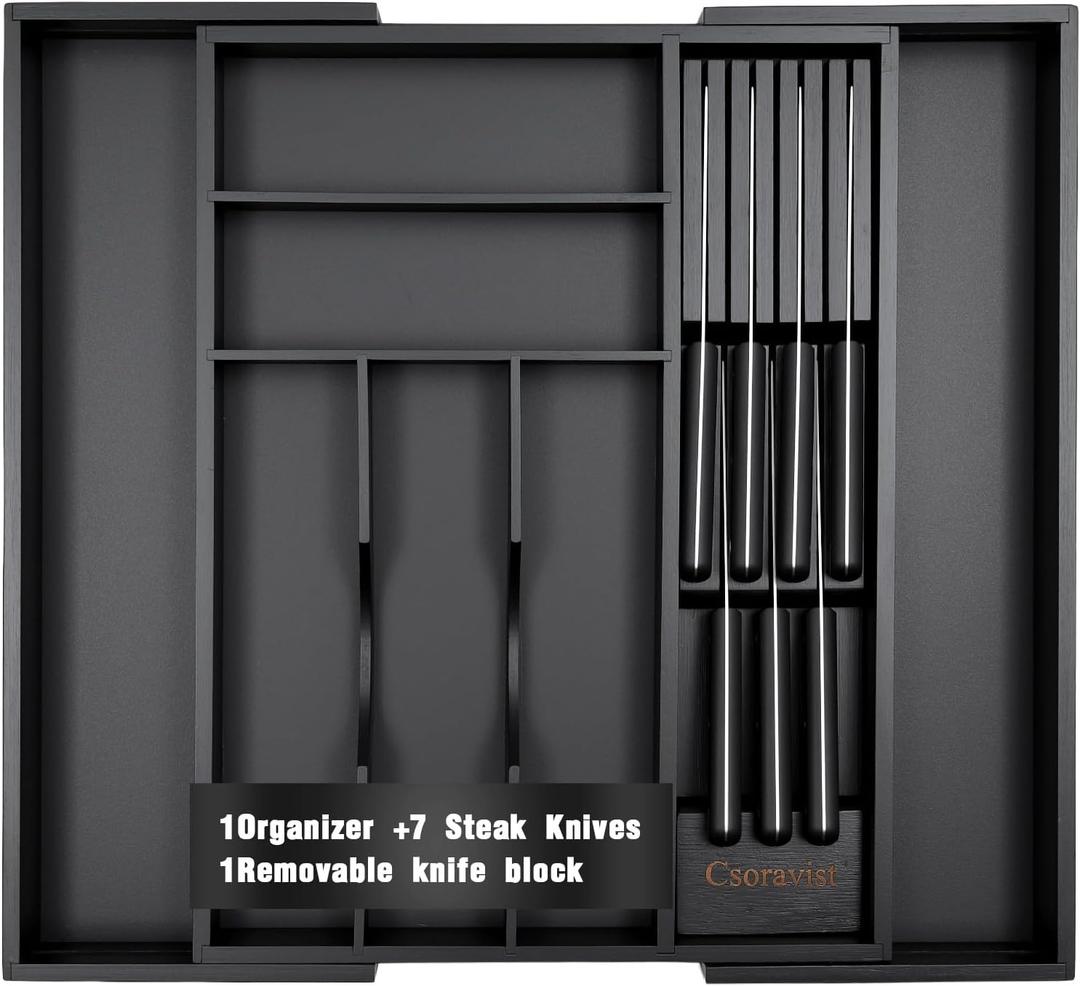 9-Piece Bamboo Kitchen Drawer Organizer Set, Expandable Silverware &Utensil Organizer with Removable Knife Block & Steak Knives, Flatware Organization, Tableware Dividers Storage(Black)