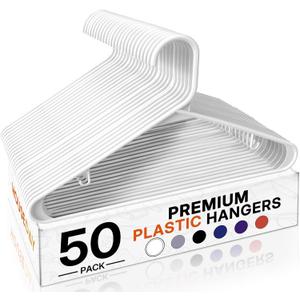 HOUSE DAY White Plastic Hangers 50 Pack, Plastic Clothes Hangers with Built-in Hooks, Durable and Strong Plastic Coat Hangers for Closet, Space Saving Clothing Hanger for Shirts, Coats, Skirt, Dress