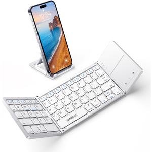 Samsers Foldable Bluetooth Keyboard with Touchpad - Portable Wireless Keyboard with Holder, Rechargeable Full Size Ultra Slim Pocket Folding Keyboards for Android Windows iOS Tablet & Laptop - Silver (BT x1)
