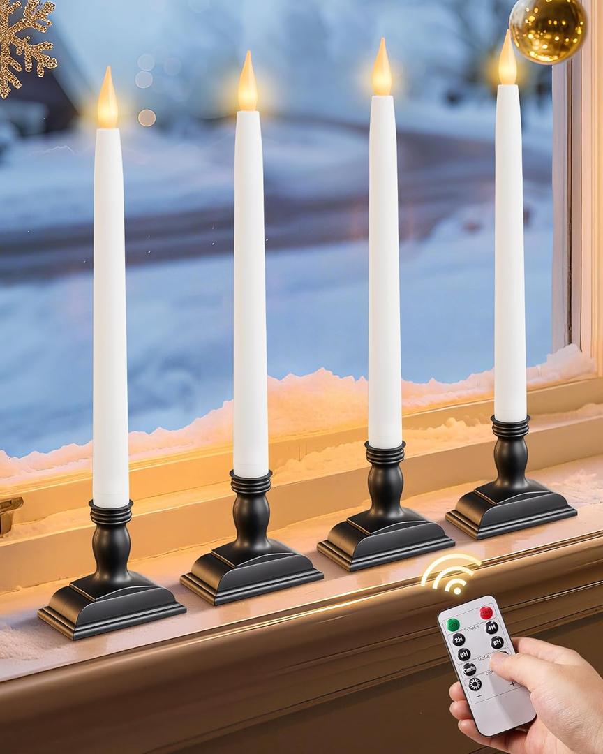 13.2" Window Candles Battery Operated with Remote, Timer, Dimmable, Flicker/Steady Mode, LED 3000K Warm White Christmas Candle Lights for Windows, Indoor Holiday Decor, 4 Pack, Black Holders