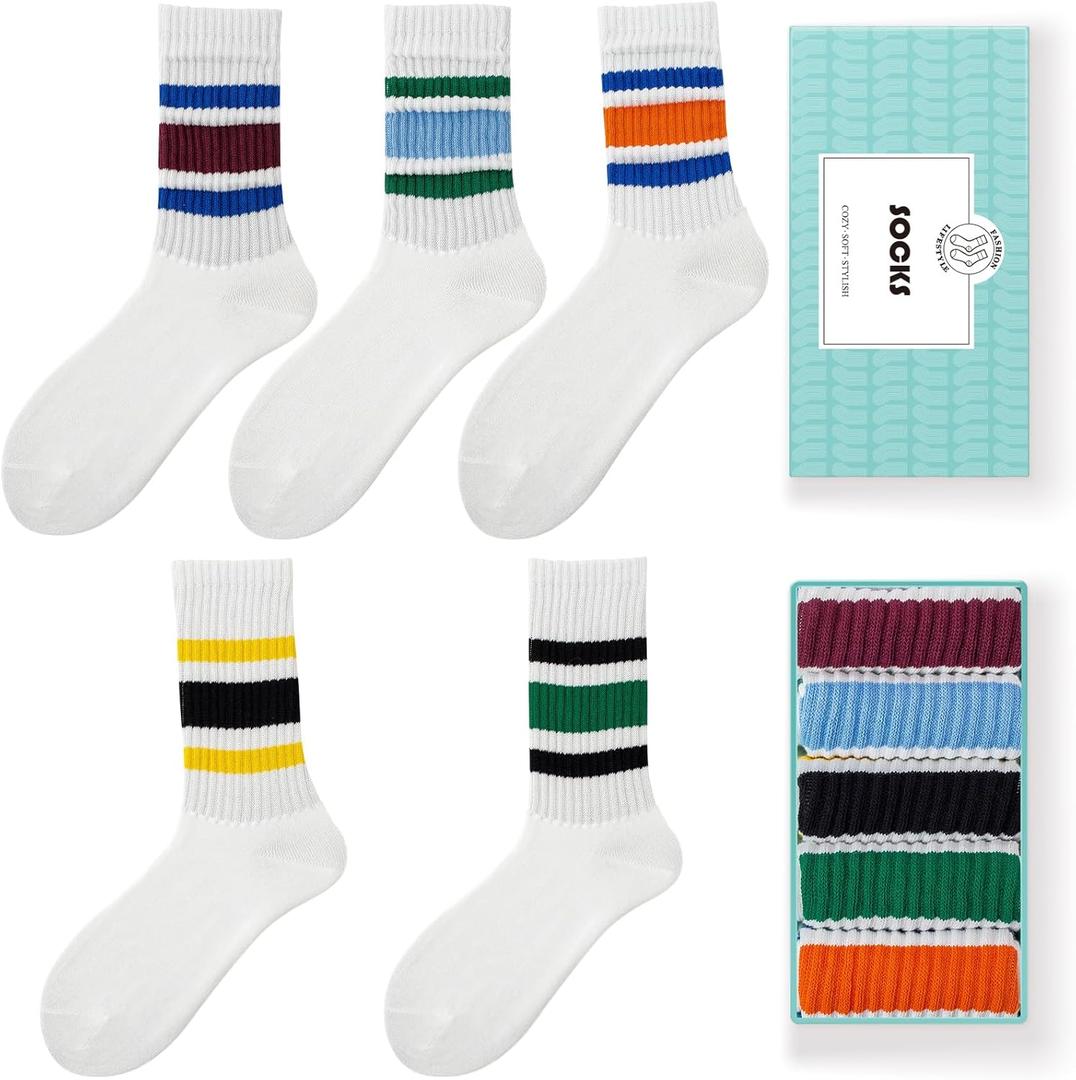HUGSWEET Striped Retro Crew Breathable Cotton Soft Socks for Women Athletic Casual Thin Novelty Socks for Women or Men (5-9, Solid Color-01)