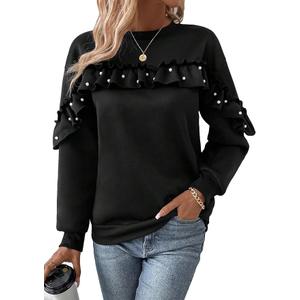 SOLY HUX Sweatshirt for Women Ruffle Trim Pearls Beaded Long Sleeve Pullover Tops Pure Black, Large 