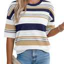 Plus Size Clothes for Women Fall Fashion Clothes 3/4 Length Sleeve Womens Tops Crochet Sweater Tunic Loose Fit Dressy Striped Navy Blue Color Block XL