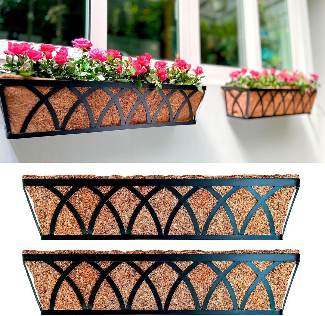LaLaGreen Wall Planters (2 Pack, 36 Inch) Black Metal Rectangular Hanging Window Planter Box with Coco Liner Attach House Outdoor, Flower Basket Plant Holder Deck Railing Patio Porch Balcony Fence