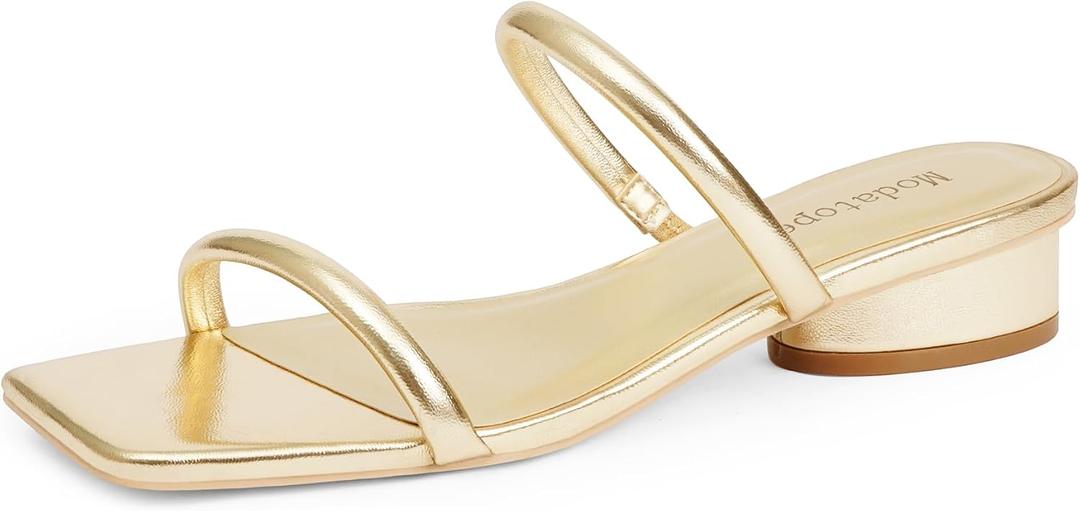 Modatope Square Open Toe Heeled Sandals Women Two Strap Chunky Heel Sandals for Women Low Block Heel Sandal Dressy (Gold), 9.5