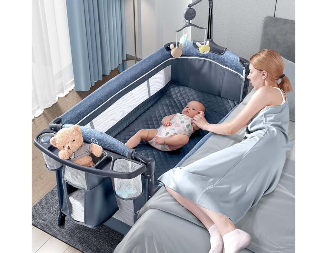 BabyBond Baby Bassinet Bedside Crib, Pack and Play with Sheet, Diaper Changing Table and Music Mobile from Newborn to Toddles, Portable Large Playard