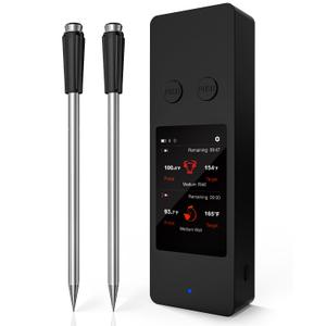 Bluetooth Wireless Meat Thermometer with App, Touch Screen, Audible Alarm, 2 Probes, 800ft Range & Rechargeable Base, Kitchen Food Thermometer for Cooking, BBQ, Smoker | Stocking Stuffers for Men (Black)