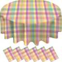 6Pcs Spring Easter Buffalo Plaid Checkered Tablecloth Decorations, Plastic Purple Green Yellow Pastel Dinner Round Table Cover for Indoor Outdoor Birthday Easter Baby Shower Tea Party Supplies, 84Inch
