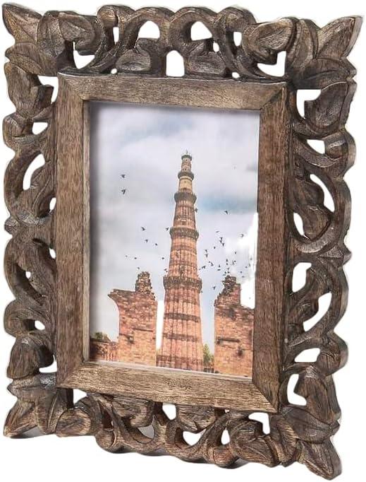 Hand Carved Mango Wood Rustic 4x6 Picture Frame with Real Glass - Aesthetic Vintage Wood Frame for Tabletop Use - Rustic Home Decor Perfect for Your Memories