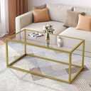 SAYGOER Gold Coffee Table,Glass Rectangular Center Tables,Simple Minimalist Table with 19.7'' Glass Metal Frame for Living Room,Apartment,Office,Home,Easy Assembly