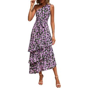 PRETTYGARDEN Women's Summer Floral Sundress Casual One Shoulder Tiered Ruffle Flowy Midi Beach Boho Dresses (M)