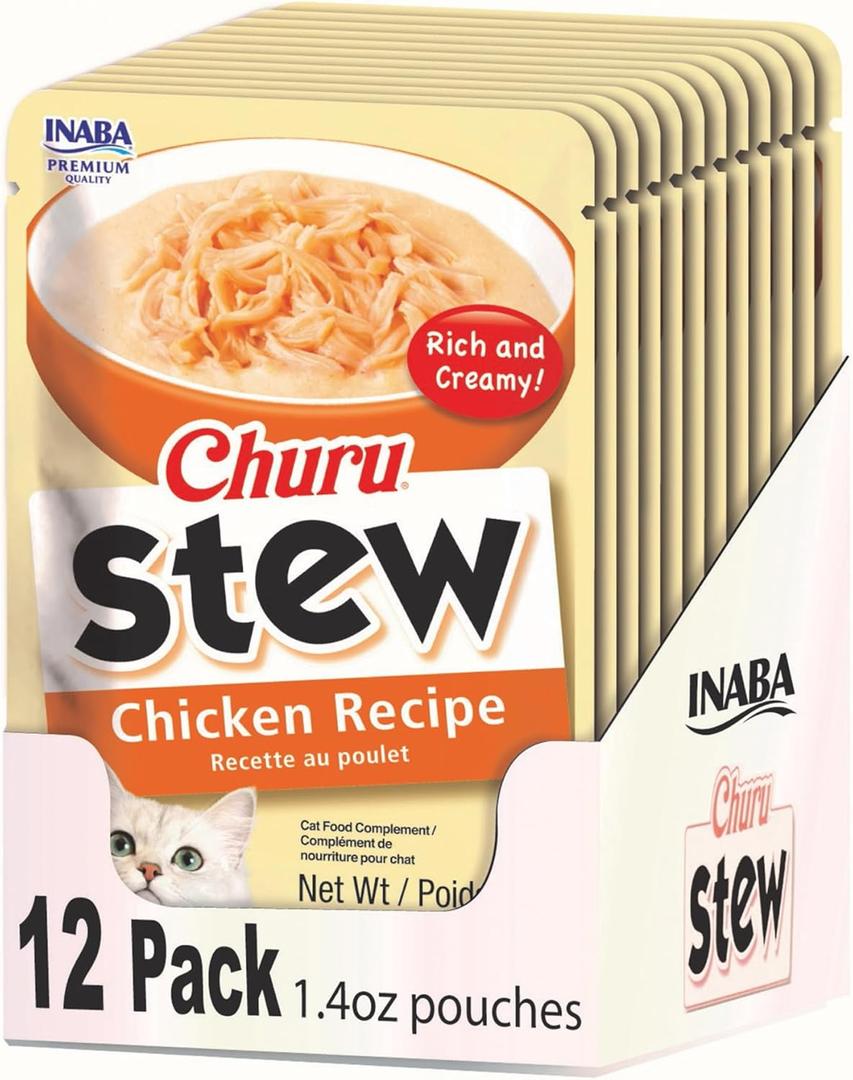 INABA Churu Stew for Cats, Creamy Broth Gele with Shredded Chicken Topper/Treat Pouch with Vitamin E, 1.4 Ounces per Pouch, 12 Pouches, Chicken Recipe (EXP 05/02/28)