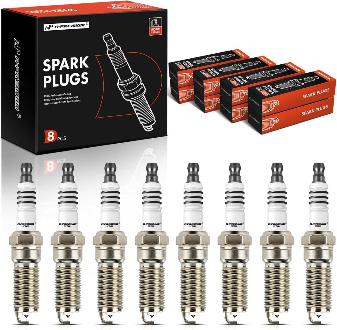 A-Premium Iridium Platinum Spark Plugs Compatible with Chevrolet Silverado 1500, 2500/3500 HD, Tahoe, Camaro, Suburban, Corvette & GMC Sierra 1500, Yukon, Yukon XL & Cadillac Escalade, Pack of 8