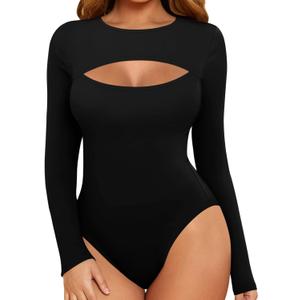 MANGOPOP Women's Cutout Front Long Sleeve Short Sleeve Bodysuit Round Neck Body Suits Sexy Going Out Fall Tops (Medium)