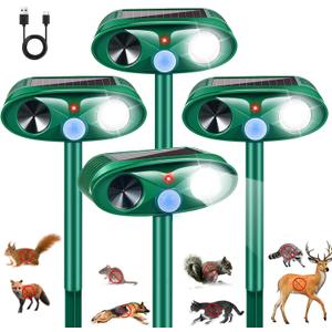4Pack Sonic Fortress Pro Deer Repellent Devices Squirrel Rabbit Cat Raccoon Fox Deterrent Solar Ultrasonic Animal Repellent Outdoor with Motion Activated Strobe Light for Yard Lawn Garden Protection