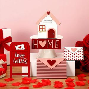 Gerrii 5 Pcs Valentines Wooden Table Sign Decoration 3D Hearts Envelopes Mailbox House Shaped Home Decor Valentines Tabletop Centerpiece for Farmhouse Home Office Tiered Tray Desk Decor