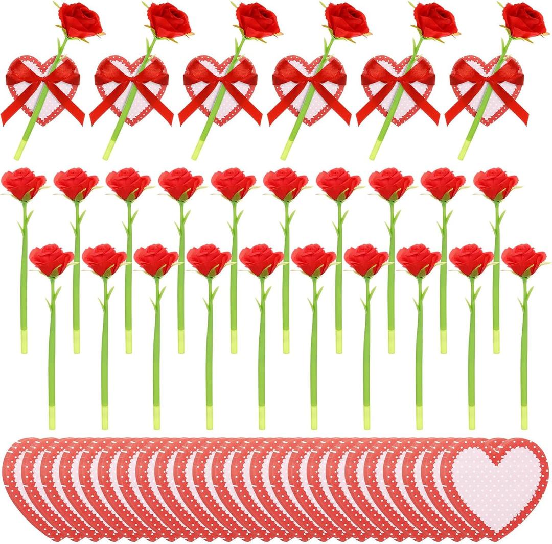 Ctosree 48 Pcs Mother's Day Artificial Rose Pens with Notepad Set 24 Heart Sticky Notes & 24 Red Rose Flower Pens with Ribbon, Office Stationery Set for Teacher Appreciation, Nurses Week
