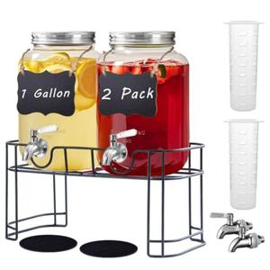 Einfache 1 Gallon Drink Dispenser with Stand,2 Pack Beverage Dispenser with Stand & Stainless Steel Spigot,Glass Water Lemonade Dispensers for Juice,Parties