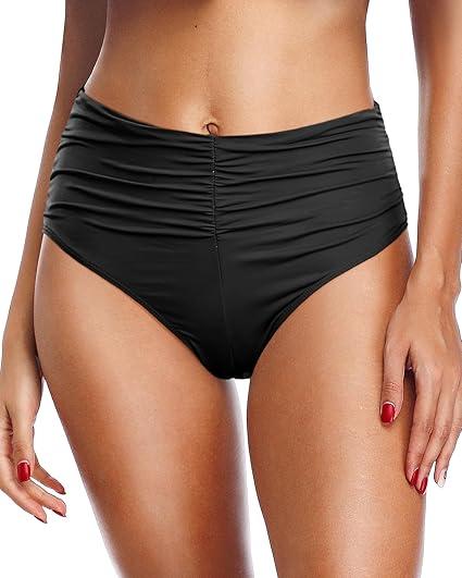 Tempt Me Women's High Waisted Bikini Bottom Tummy Control Ruched Bathing Suit Swim Bottom (Black, Large)