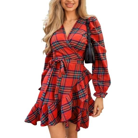 CUPSHE Women's Red Plaid Fall Dress V Neck Ruffle Cuff Long Blouson Sleeve Wrap with Side Tie Casual Mini Autumn Dresses (S)