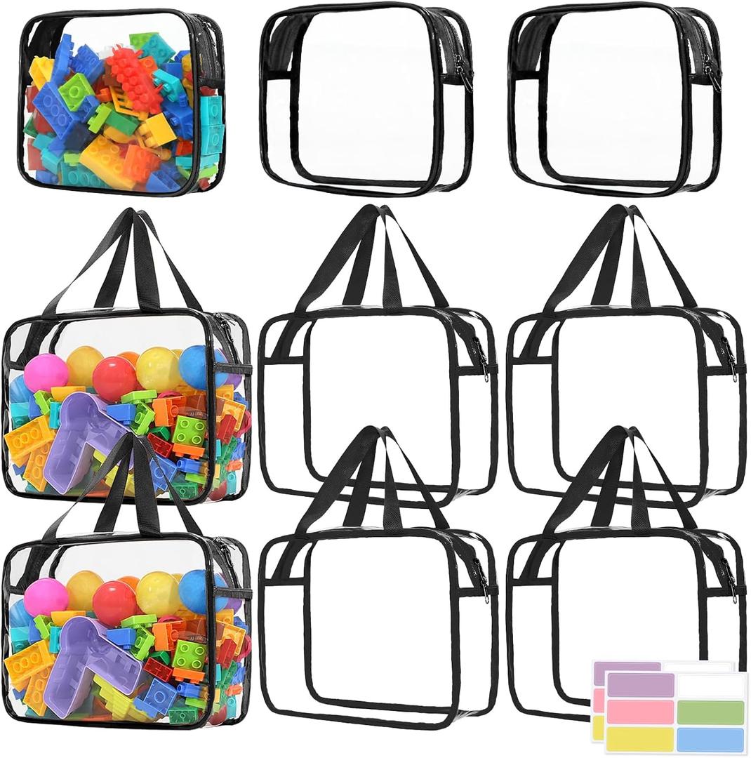 9 Pcs Toy Storage Bags, Clear PVC Toy Organizer Bag Include 6Pcs Large Handheld and 3Pcs Medium Zipper Bags with Labels for Organizing Board Game, Building Blocks (Black)