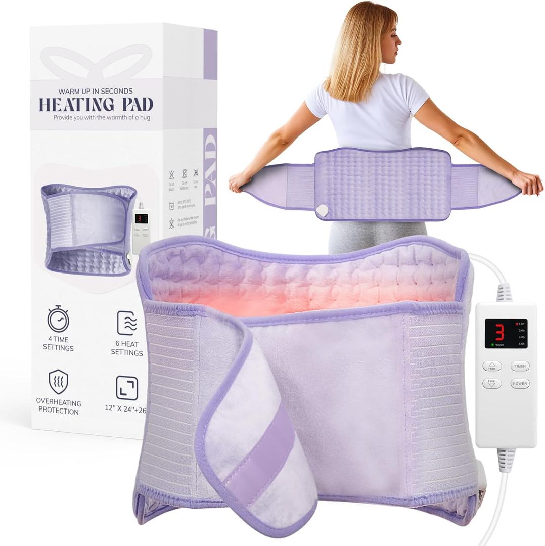 Heating Pad for Period Cramps, Upgraded Wrap Heating Pad for Back Pain Relief, Large 12''x 24''Heat Pad +26" Belt Adjustable 4 Timer 6 Heat Level Auto Shut Off, Christmas Birthday Gifts for Women Mom (Light Purple)