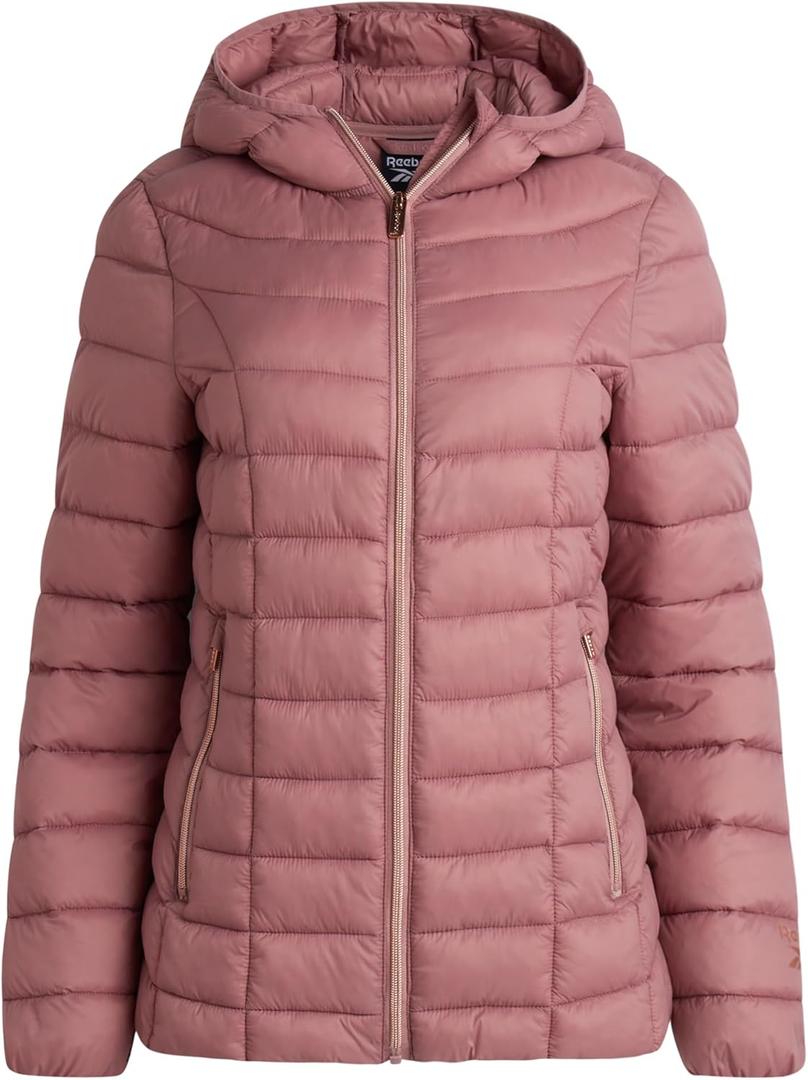 Reebok Womens Puffer Jacket - Lightweight Quilted Snow Glacier Shield Zip Up Bubble Winter Coat for Women with Hood & Pockets (Medium, Dusty Rose)