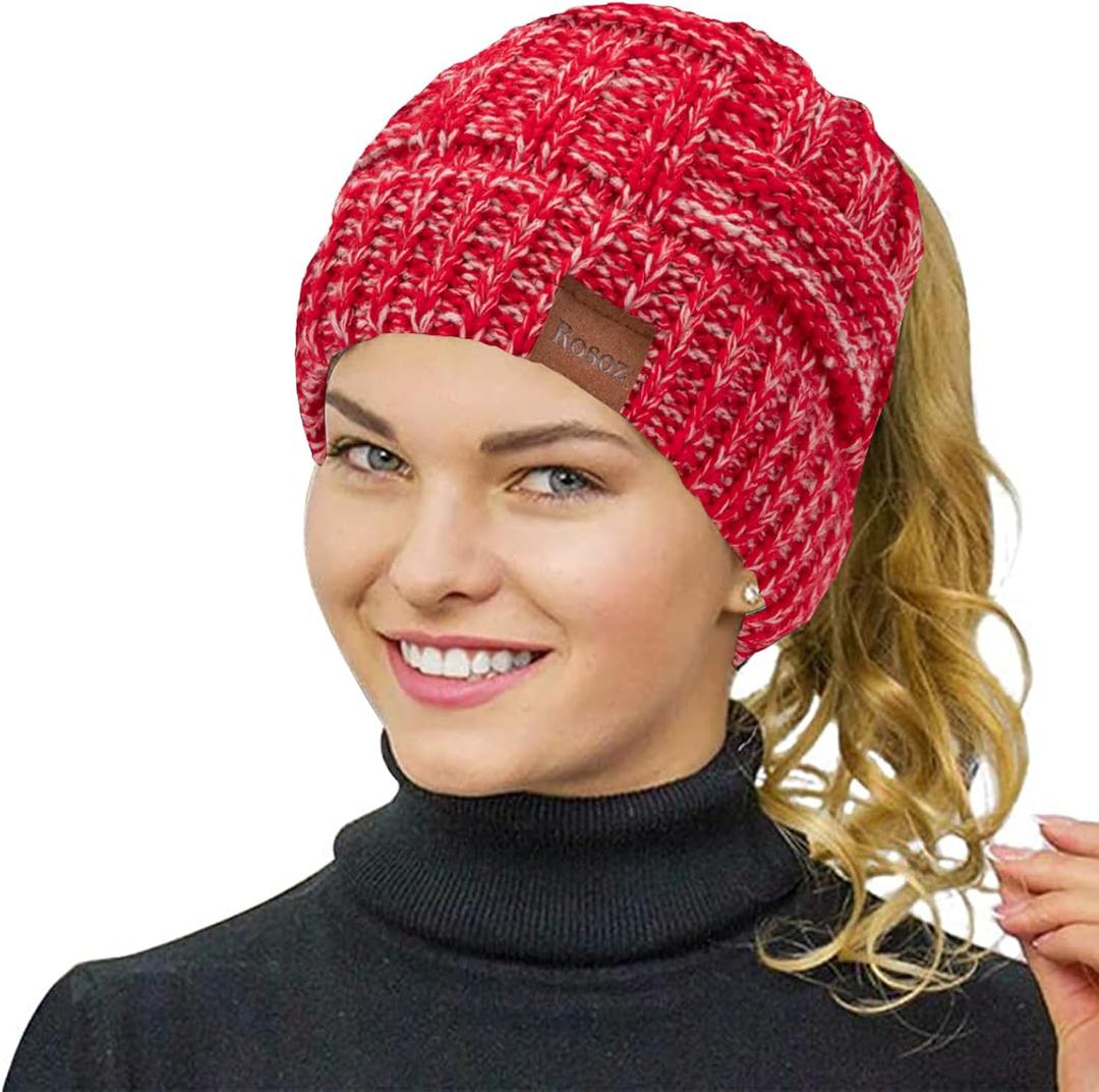 Rosoz Womens Ponytail Beanie Winter Beanie Hat Ponytail Hatfor Women Tail Stretch Cable Knit Cap Messy High Bun Hat