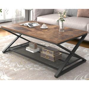 LVB Rustic Coffee Table with Storage, Industrial Wood Metal 2 Tier Center Living Room Table with Mesh Shelf, Farmhouse Wooden Low Rectangle Cocktail Tea Table for Office Bedroom, 47 inch, Rustic Brown